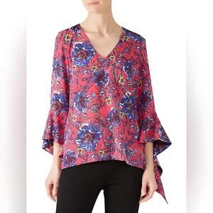 Prabal Gurung Collective Floral Print Blouse 3/4 Bell Sleeve Boho Pink Size 4